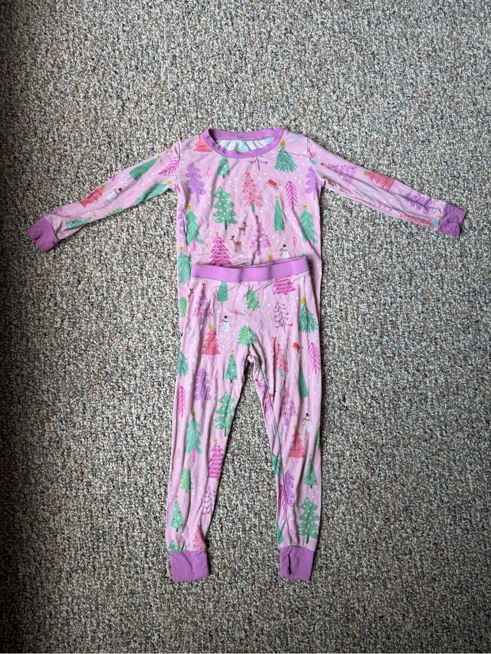Little Sleepies Pink Holiday Tree Pajama Set with Purple Trim
